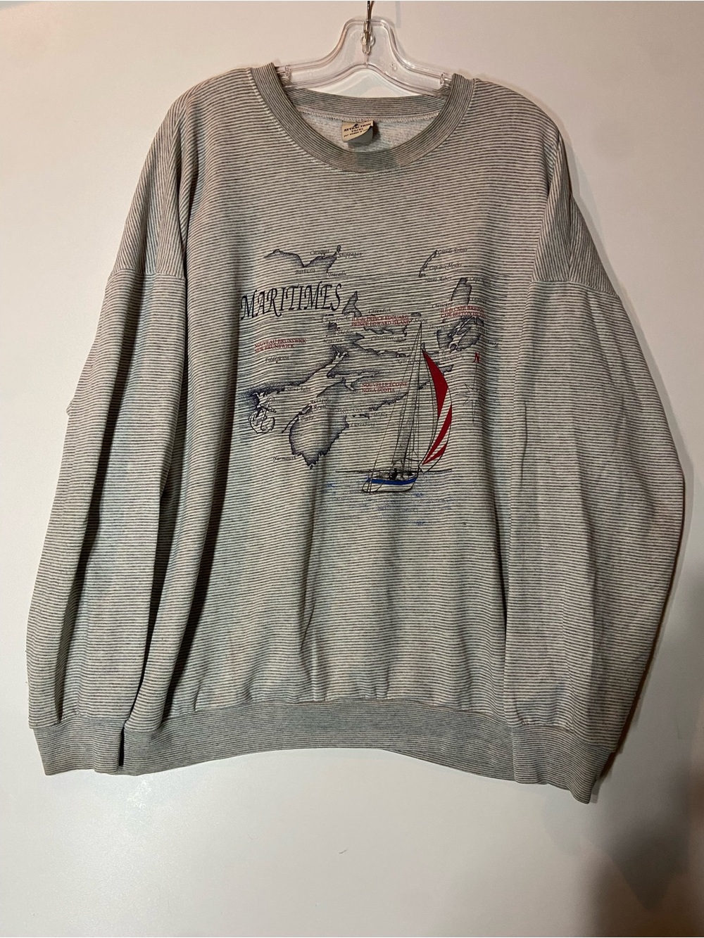 Vintage Gray Striped Crewneck Sweatshirt with Red Sail Graphic